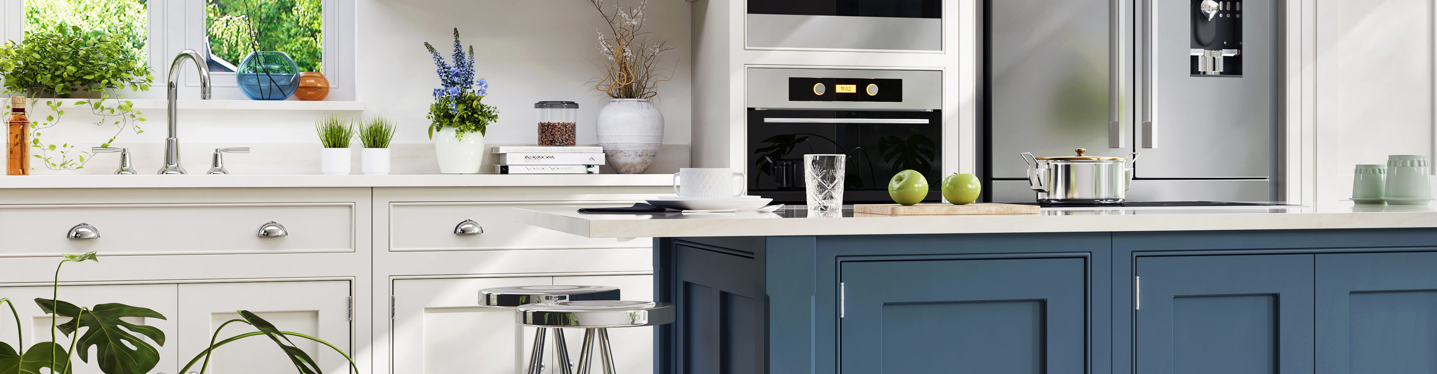kitchen with blue island