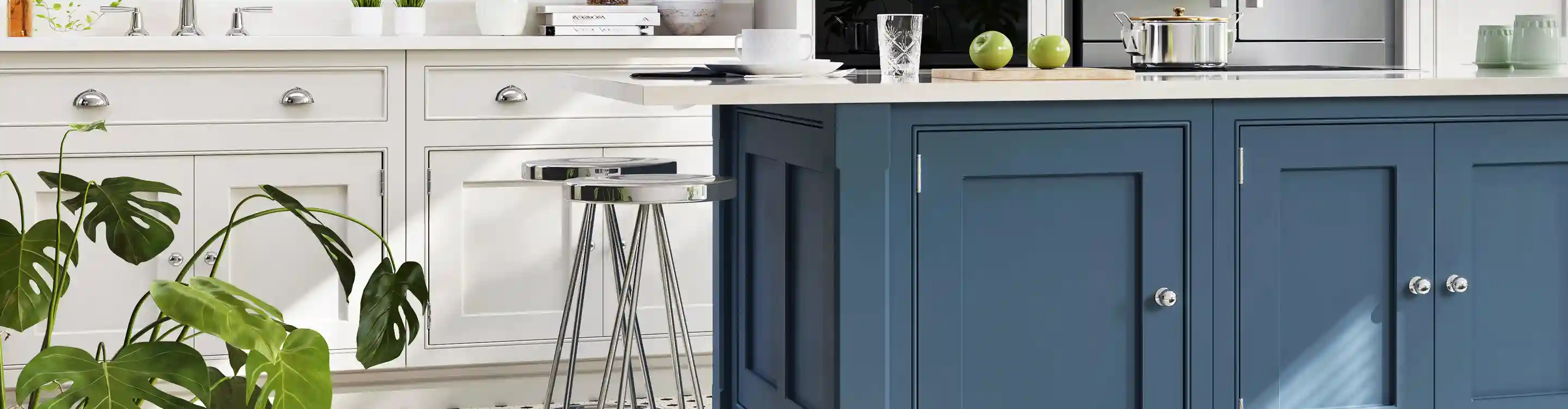 kitchen with blue island